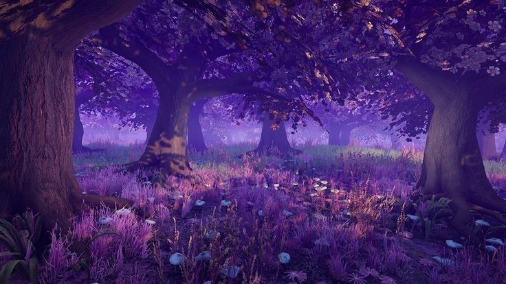 an artist's rendering of a forest with trees and flowers