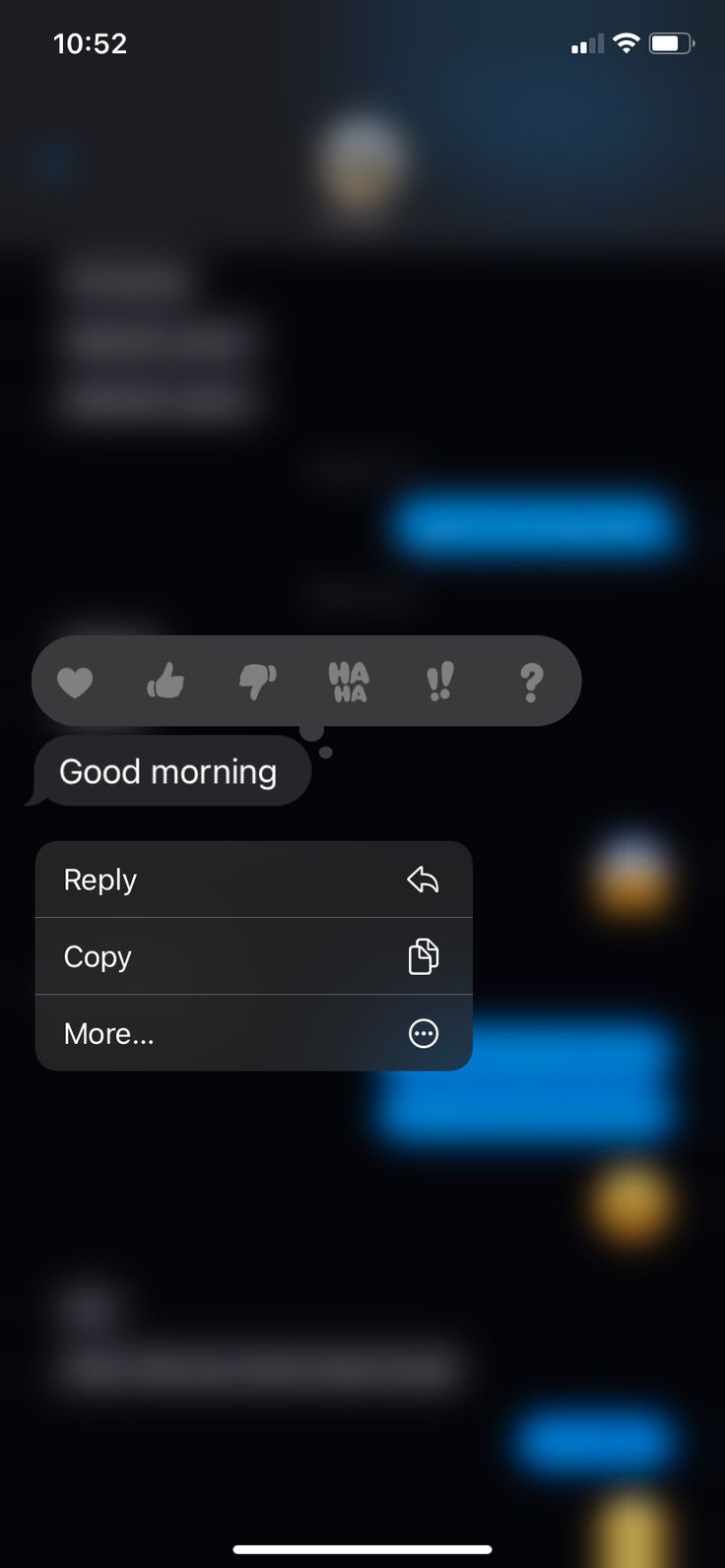 an iphone screen with the message'good morning'on it and other messages below