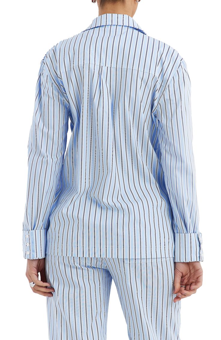 A lightweight cotton-blend design lends versatile style to this boxy-fit button-up covered in smart stripes. Front button closure Spread collar Long sleeves with button cuffs 70% cotton, 27% polyamide, 3% elastane Dry clean Imported Striped Button-up Tops For Loungewear, Cotton Shirt With Striped Cuffs And Relaxed Fit, Blue Tops With Striped Cuffs In Relaxed Fit, Blue Tops With Striped Cuffs And Relaxed Fit, Blue Tops With Striped Cuffs Relaxed Fit, Blue Relaxed Fit Top With Striped Cuffs, Blue Relaxed Fit Tops With Striped Cuffs, Spring Striped Shirt For Loungewear, Spring Striped Loungewear Shirt