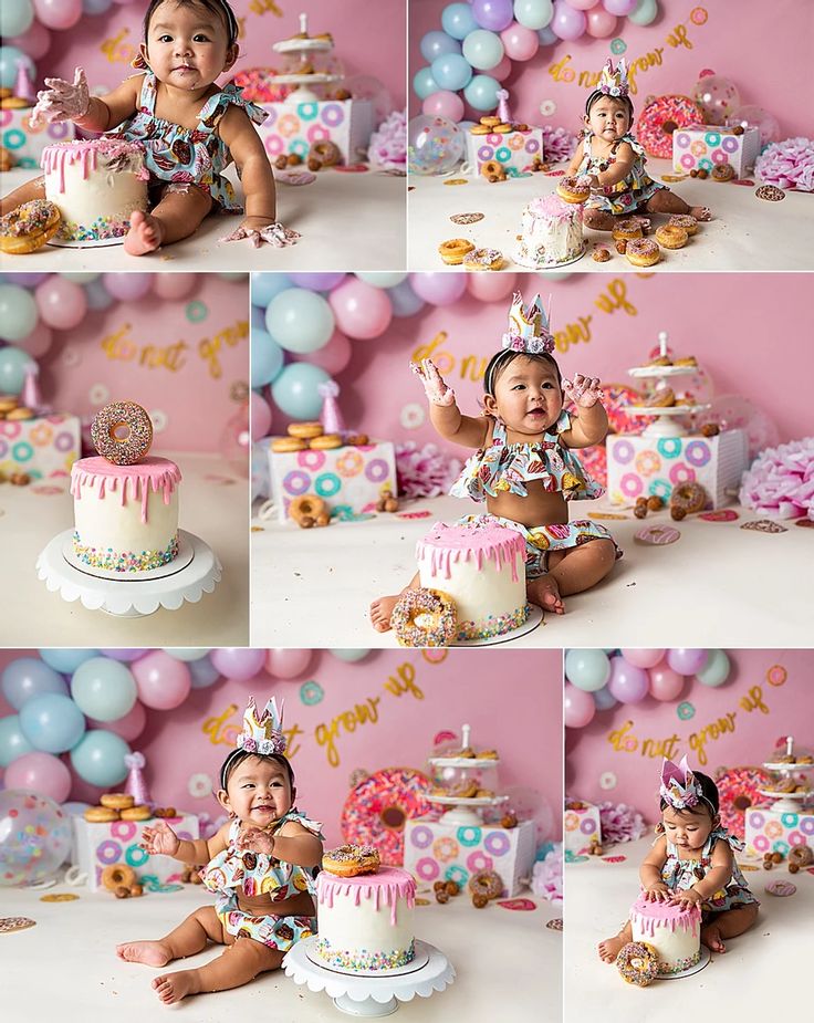 a collage of photos shows a baby sitting in front of a cake