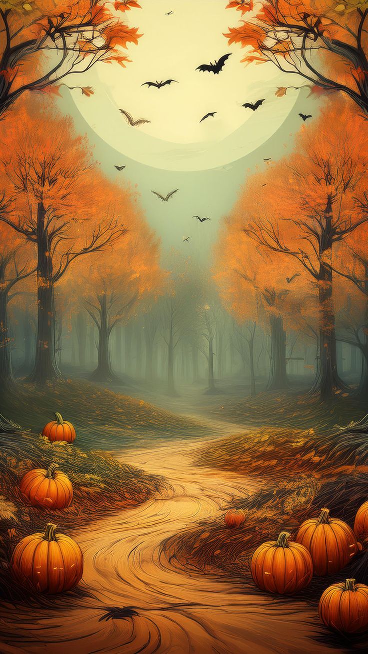 a painting of pumpkins and bats on a road in front of a full moon