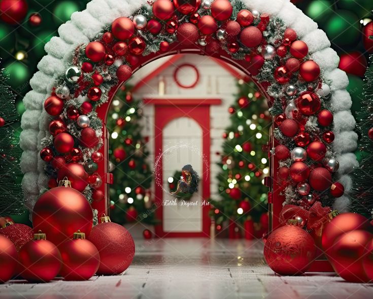 an archway decorated with red and green christmas ornaments is shown in front of a white door