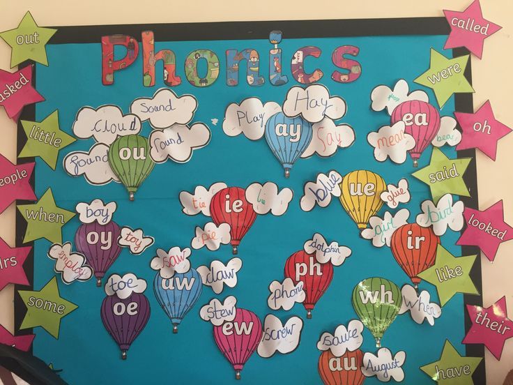 a bulletin board with hot air balloons and stars on it that says phonics