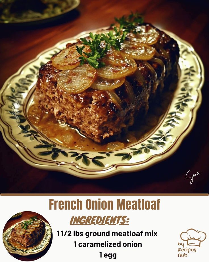 French Onion Meatloaf French Onion Meatloaf, Bacon Cheeseburger Meatloaf, Cheesy Potato Bake, Meatloaf Mix, Cheeseburger Meatloaf, Baked Meatloaf, Mexican Casserole Recipe, Gourmet Food Plating, Meatloaf Ingredients