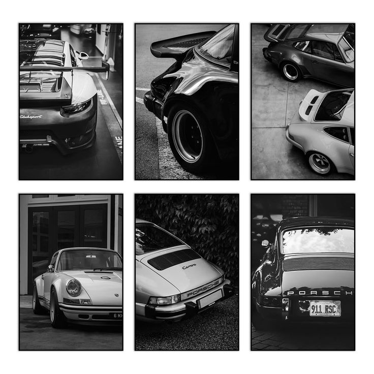 black and white photographs of cars parked in front of each other on a street side