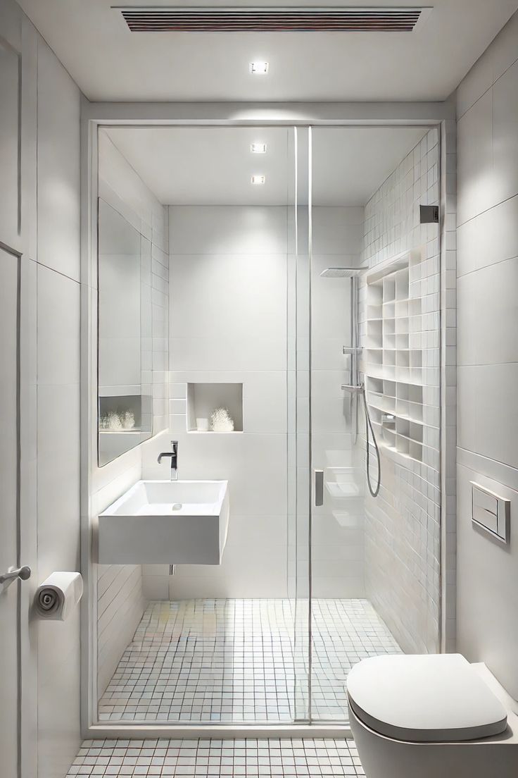 a bathroom with a white toilet sitting next to a walk in shower and a sink