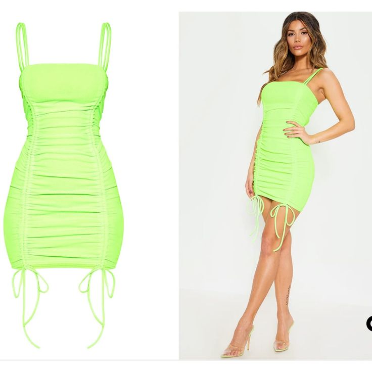 Bright Neon Dress Perfect For A Night Out With The Girls Or A Vacation Night! Summer Mini Dress With Ruched Sides, Green Summer Dress With Drawstring, Summer Green Dress With Drawstring, Trendy Green Ruched Dress, Trendy Summer Dress With Drawstring, Fitted Trendy Dress With Drawstring, Trendy Fitted Dress With Drawstring, Green Stretch Dress With Ruched Sides, Spring Green Mini Dress With Drawstring