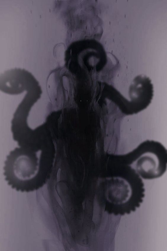 an artistic photo with black and white images in the background, including two octopus like creatures