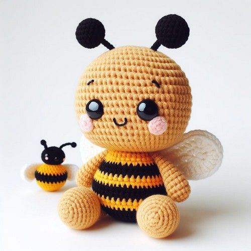 a crocheted bee with a small black and yellow bee on it's back