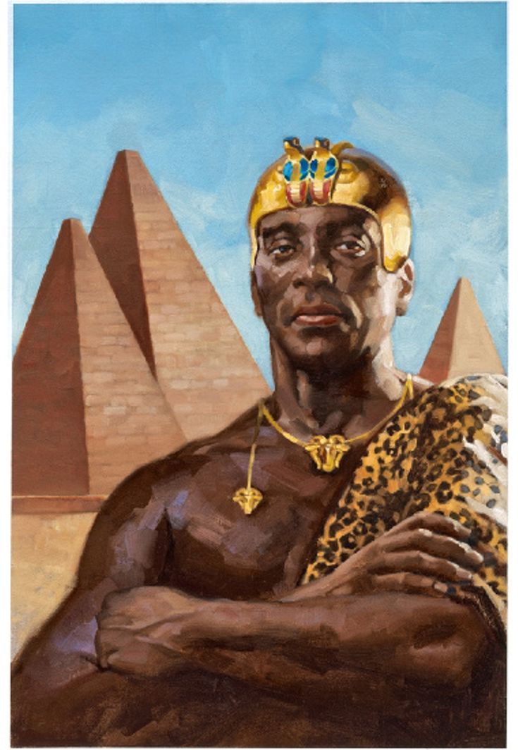 an oil painting of a man in front of the pyramids with his arms crossed