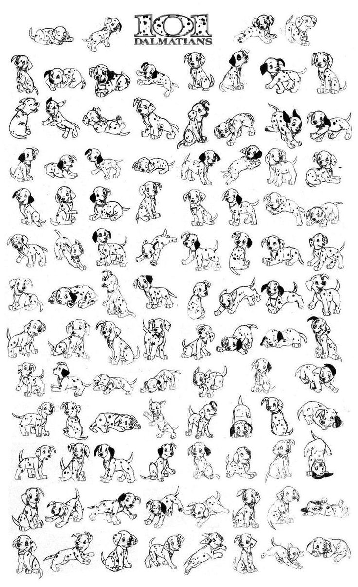 a bunch of dogs that are drawn in black and white