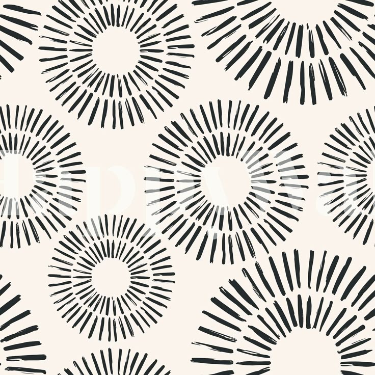 an abstract black and white pattern with sunbursts in the center on a beige background