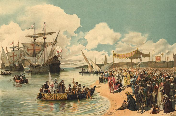 an old painting of people on the beach with boats in the water and flags flying above them