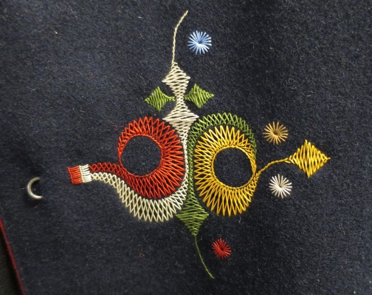 an embroidered design on the back of a black jacket with red, yellow and green details