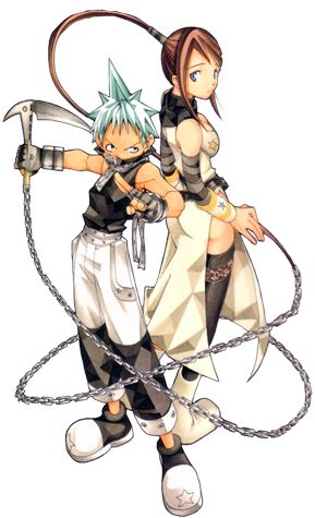 two anime characters with swords and chains on their backs, one holding the other's arm