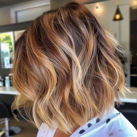 Chunky Honey Balayage on a Bob Honey Brown Hair Short Bob Hairstyles, Short Hairstyle With Blonde Highlights, Mid Back Hair Length, Short Honey Balayage Hair, Bobbed Balayage Hair, Honey Brown With Caramel Highlights, Straight Bob Balayage, Caramel Brown Hair Color Honey, Lob Haircut And Color