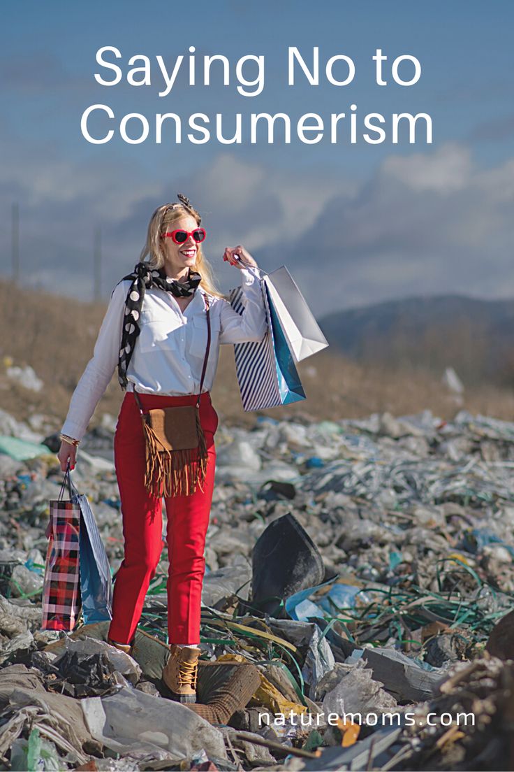 a woman in red pants and white shirt holding shopping bags with text saying, saving no to consumerism