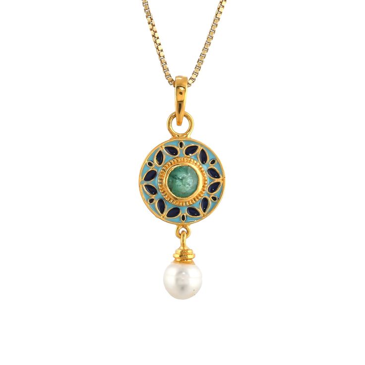 Emerald & Pearl 14K Gold Vermeil Over Sterling Silver Art Deco Enameled Pendant 925 Silver = 2.90 gm. Emerald & Pearl= 3.20 ct. Emerald is the birthstone for May and is a symbol of rebirth and love. Pearl is the birthstone for June and is a symbol of good fortune and strength. The beautiful Pendant measures to be 1.50 inches long including bale and 0.60 inches wide at its maximum points. The Pendant have been made by a team of highly trained and skilled artisans. What is Vermeil 14K Gold? It is Elegant Gold Necklace With Inlay, Antique Necklace Gold, Emerald Pendant, Antique Necklace, Silver Art, Gold Vermeil, Antique Jewelry, Birthstone, Jewelry Necklace Pendant