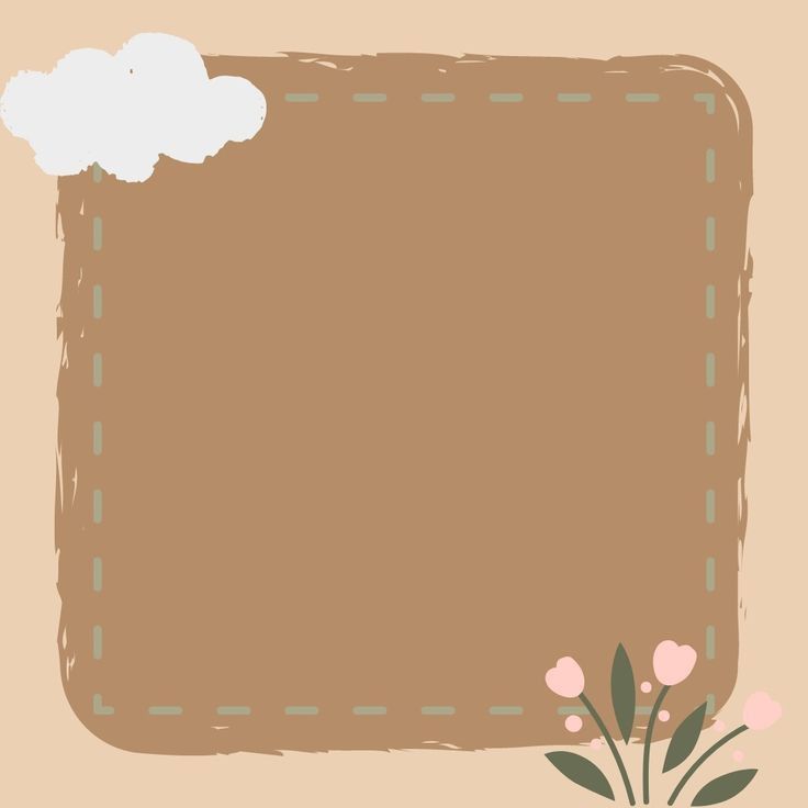 a brown square with some pink flowers and clouds in the sky above it on a beige background