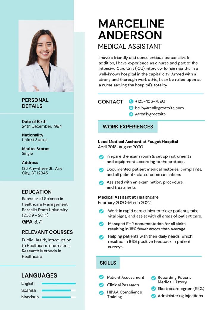 a professional medical assistant resume with blue and green accents on the front, and an image of