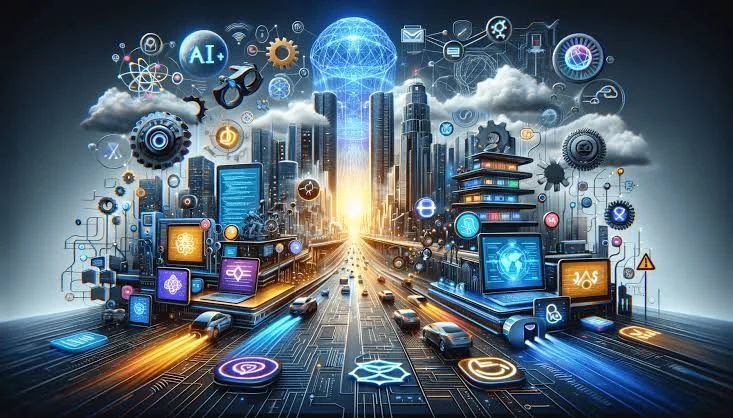 an image of a futuristic city surrounded by technology icons