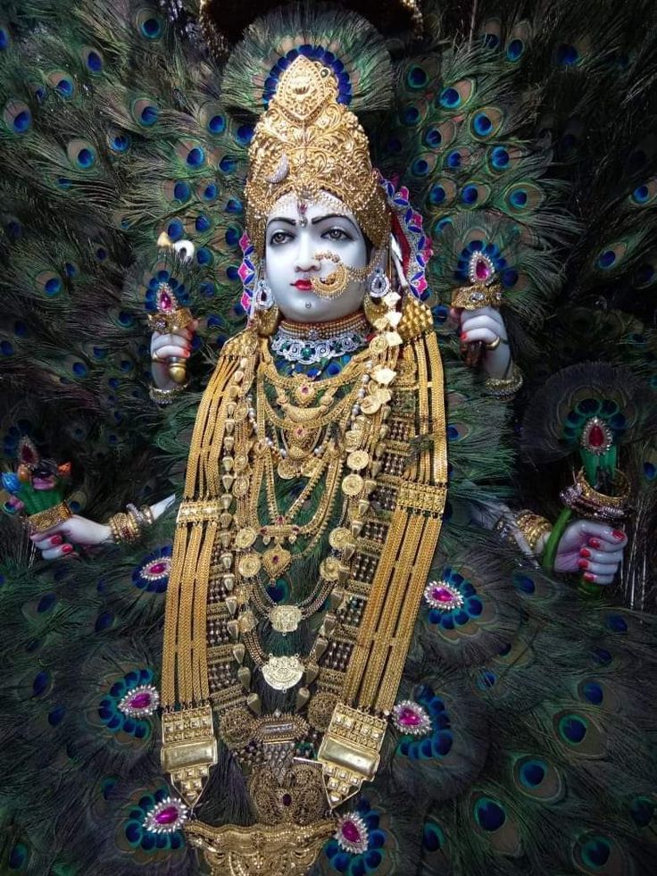 an idol is displayed in front of peacock feathers