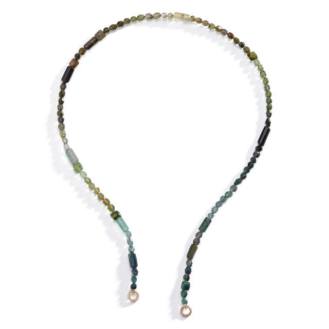 Patchwork Green Tourmaline Strand with Open-Ends-Our Patchwork Tourmaline strand displays a kaleidoscopic range of green hues and stone cuts, from a pale olive to a deep bottle-green. The verdant stone is said to promote harmony, peace, and abundance. Complete with your favorite chain connector. Three Sisters Jewelry, Sisters Jewelry, Personalized Gold Necklace, Sister Jewelry, Lock Necklace, Green Hues, Three Sisters, Birthstone Earring, Strand Bracelet