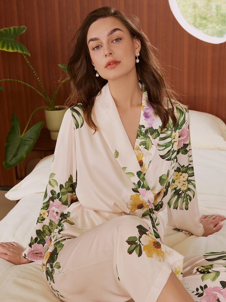 Tropical Floral Printed Pajama Set 2 Pcs Luxury Short Robe | Ulivary Robe Pajamas, Bride Pajama, Bridal Pajamas, Printed Pajama, Luxury Robes, Lavender Silk, Silk Pajamas Women, Asian Designers, Luxurious Dresses