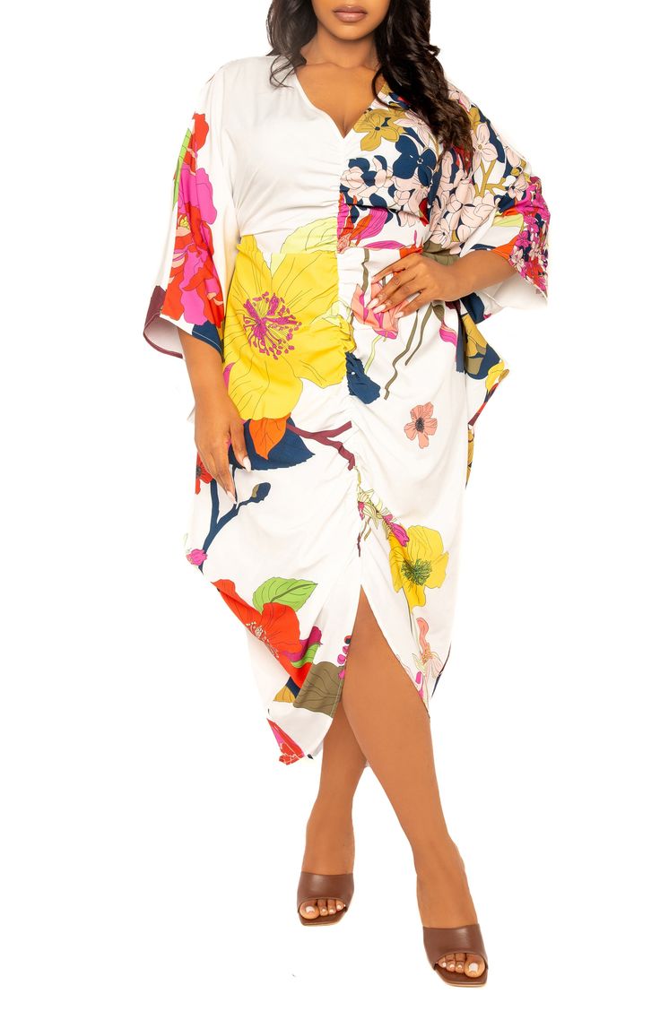 Enter the tropics everytime you slip into this vivid floral dress boasting a billowy caftan silhouette that's fit for your next paradise venture. V-neck Bracelet-length sleeves Unlined 95% polyester, 5% spandex Hand wash, line dry Imported Tropical Hibiscus Print Maxi Dress For Spring, Multicolor Hibiscus Print Spring Dresses, White Hawaiian Dress For Spring, Multicolor Beach Dress For Vacation Brunch, White Hawaiian Spring Dress, Multicolor Floral Print Beach Dress For Brunch, Vibrant Spring Dress With Kimono Sleeves, White Hibiscus Print Dress For Spring, Hawaiian Style Tropical Print Beach Dress For Spring