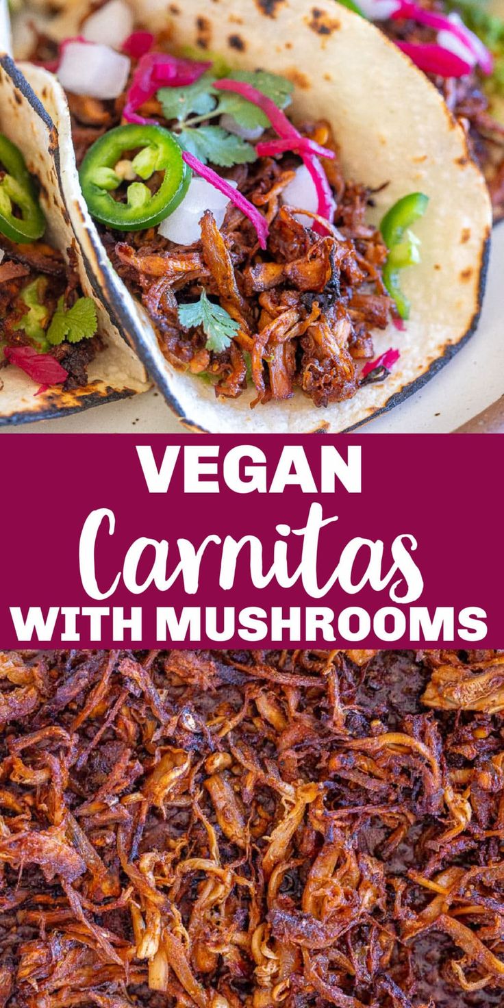 vegan carnitas with mushrooms and peppers on a white plate in front of a purple background