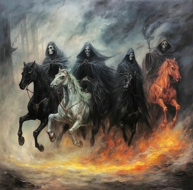 four black horses running in the sky with skulls on their backs and one white horse behind them