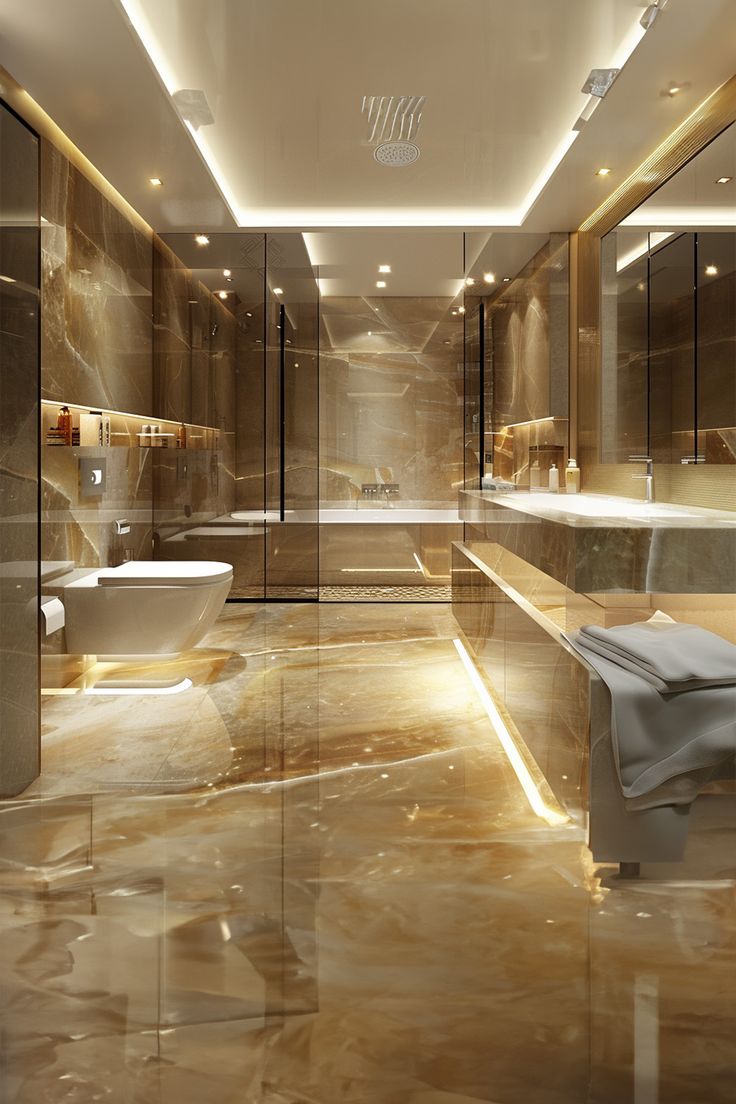 an elegant bathroom with marble floors and walls