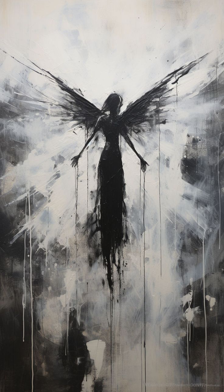 an abstract painting with black and white paint on the wall, depicting a winged figure