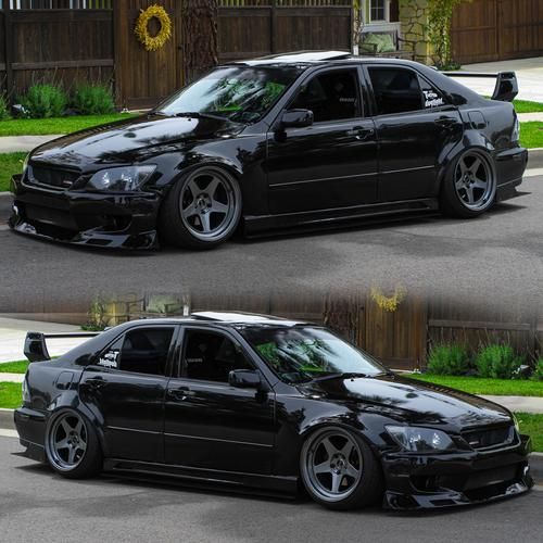 two pictures of a black car parked in front of a house