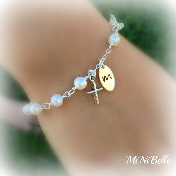 Rosary Bracelet. Pearl Rosary Bracelet. Sterling by MiNiBelle Cheap Beaded Cross Rosary Bracelet, Cheap Elegant Silver Rosary Bracelet, Personalized Silver Dainty Pearl Bracelet, White Sterling Silver Rosary Bracelet Gift, Dainty Personalized Silver Pearl Bracelet, Elegant Personalized Rosary Bracelet For Confirmation, Elegant Personalized Bracelets For Confirmation, Personalized Adjustable Rosary Bracelet For Confirmation, Handmade Silver Bracelets For First Communion