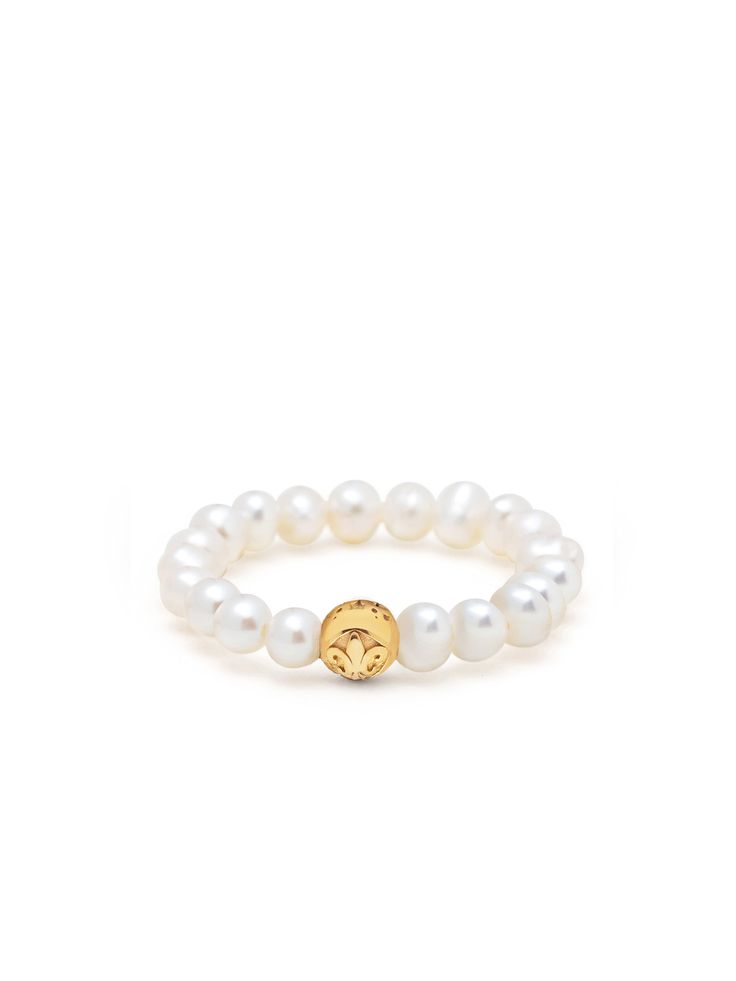 Stackable Pearl Jewelry With Round Beads, Elegant Adjustable Pearl Ring, Stackable Round Pearl Bead Jewelry, Pearl Chain Ring Jewelry, Yellow Gold Stackable Pearl Jewelry, Adjustable Stackable Pearl Ring In Fine Jewelry Style, Adjustable Pearl Charm Jewelry For Anniversary, Elegant Inelastic Jewelry With Round Beads, Stackable Round Pearl Ring