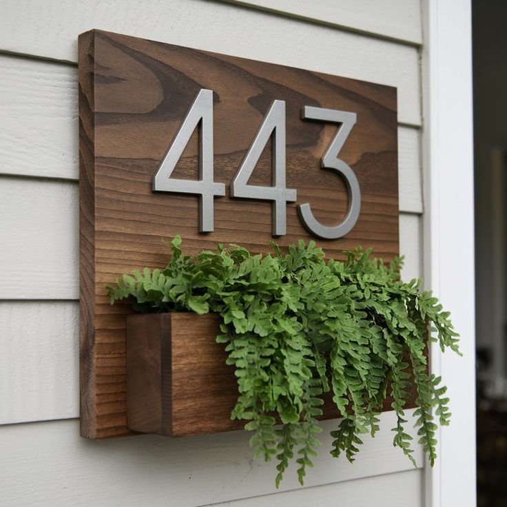 a house number sign mounted to the side of a building with plants growing in it