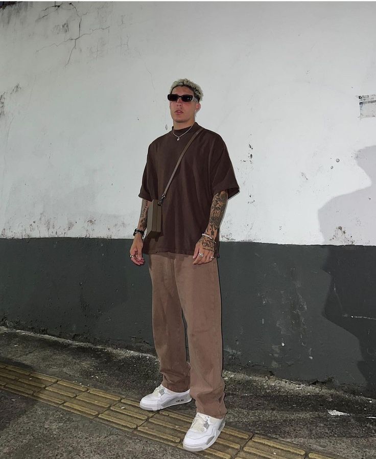 Grey Fits Men, Casual Party Outfit Men Classy, Brown And Tan Outfits Men, Brown Streetwear Outfit Men, Rap Concert Outfit Men, Brown Polo Shirt Men Outfit, Tan Shirt Outfit Men, Tank Top Men Fashion Street Styles, Moreno Outfit Men