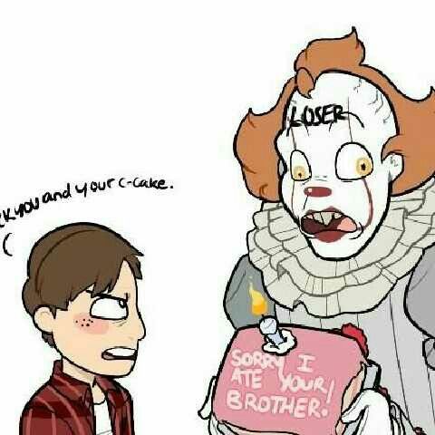 a drawing of a creepy clown holding a birthday cake with the caption, you and your cause don't bite your brother