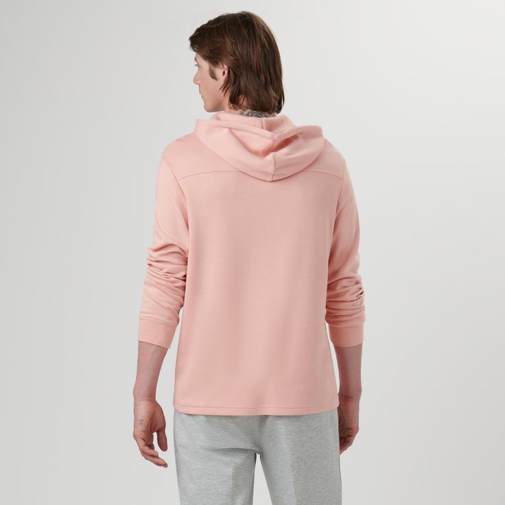 Long-sleeved pullover in soft touch cotton blend with adjustable drawstring hood and kangaroo pockets. Pink Fleece Hoodie With Kangaroo Pocket, Pink Hooded Sweats With Drawstring, Pink Sporty Sweats With Drawstring Hood, Pink Sweatshirt With Drawstring Hood, Casual Pink Hoodie With Ribbed Cuffs, Pink Long Sleeve Sweats With Drawstring Hood, Pink Drawstring Hooded Sweatshirt, Casual Pink Sweats With Drawstring Hood, Pink Sweatshirt With Kangaroo Pocket For Loungewear