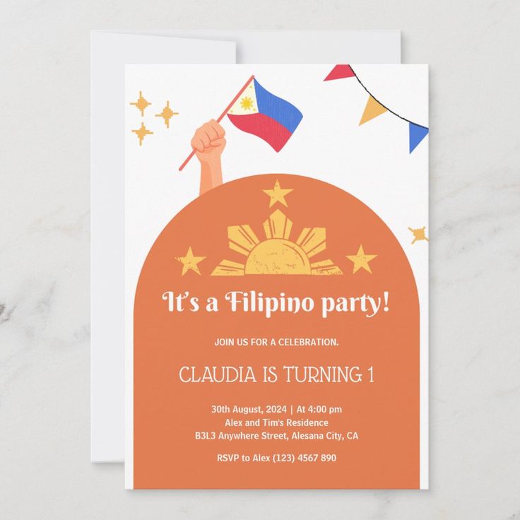 an orange birthday party card with a hand holding a flag and the words it's a