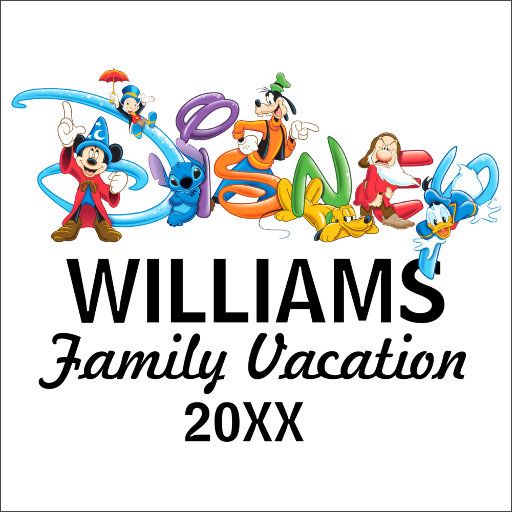 mickey mouse and friends family vacation sign with the words, williams family vacation 20x7