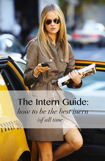 a woman sitting on the back of a yellow car looking at her cell phone and text reads, the intern guide how to be the best there all time