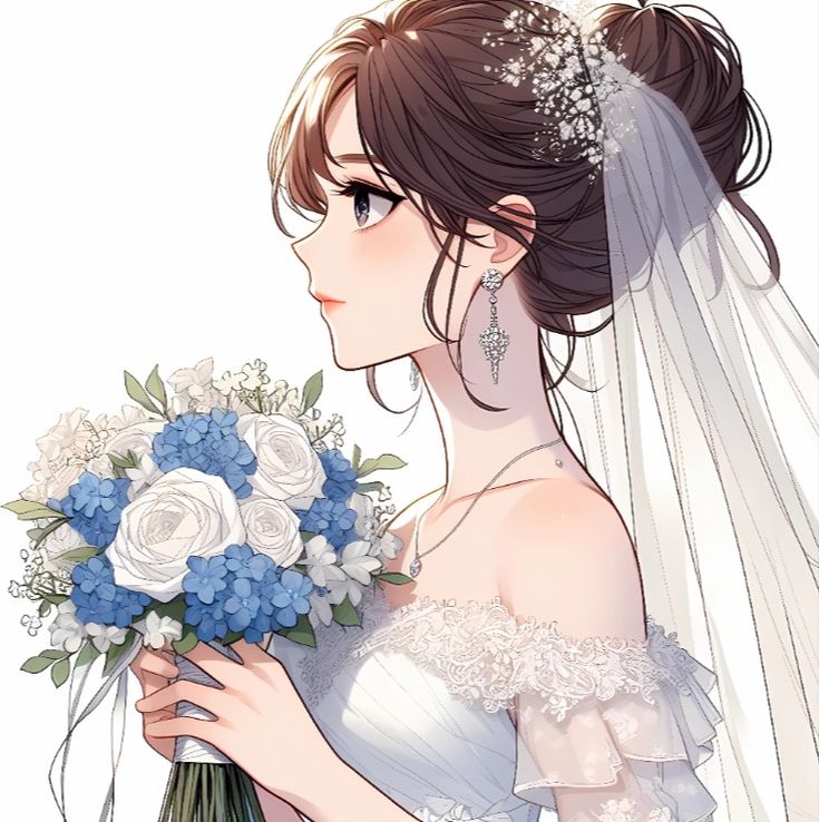 a woman in a wedding dress holding a bouquet of white and blue flowers with her hair pulled back