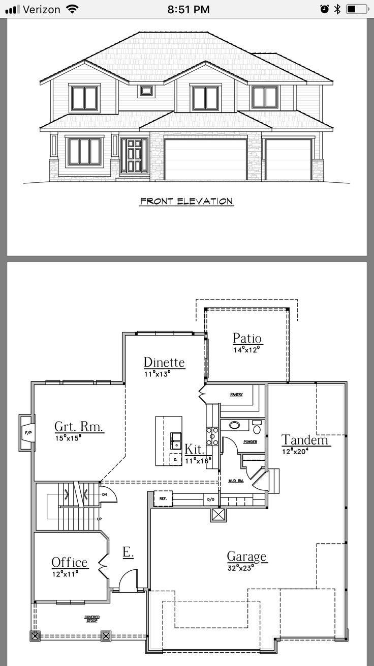 two story house plans with garage and living room in the middle, one bedroom on each floor