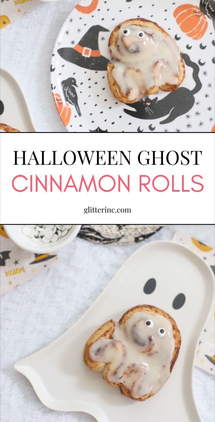 halloween ghost cinnamon rolls on a white plate