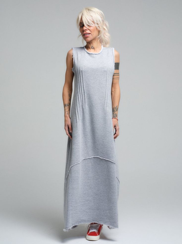 Relaxed-Fit Grey Maxi Dress – Clothes By Locker Room Casual Gray Sleeveless Maxi Dress, Spring Sleeveless Maxi Dress With Side Slits, Sleeveless Gray Maxi Dress For Spring, Sleeveless Viscose Maxi Dress For Daywear, Sleeveless Maxi Dress With Side Slits For Daywear, Chic Gray Maxi Dress, Summer Viscose Maxi Dress With Side Slits, Grey Maxi, Grey Maxi Dress