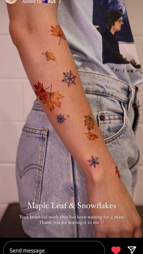 a woman's arm with leaves on it and the words maple leaf & snowflakes