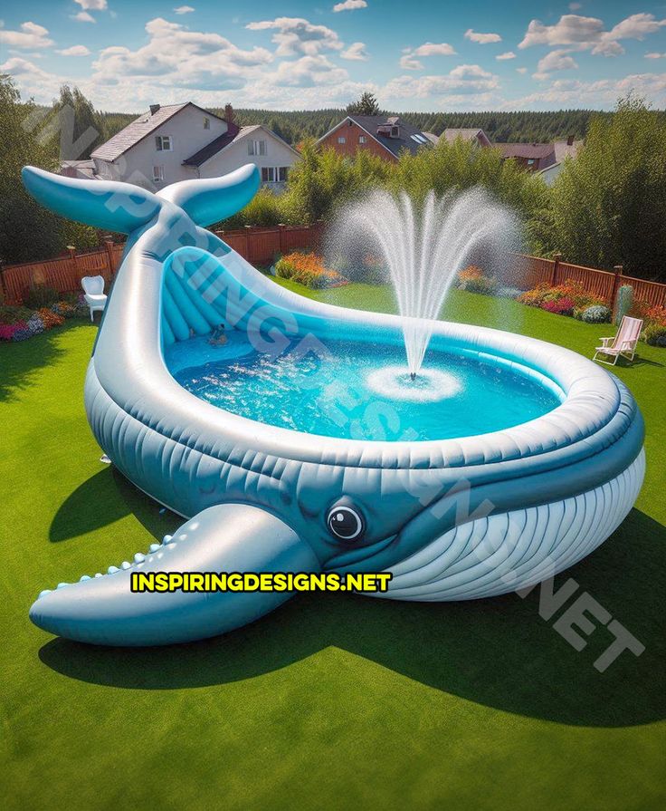 an inflatable whale pool is shown with water shooting up from it's mouth