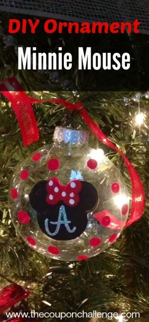 a minnie mouse ornament hanging on a christmas tree with the words diy ornaments